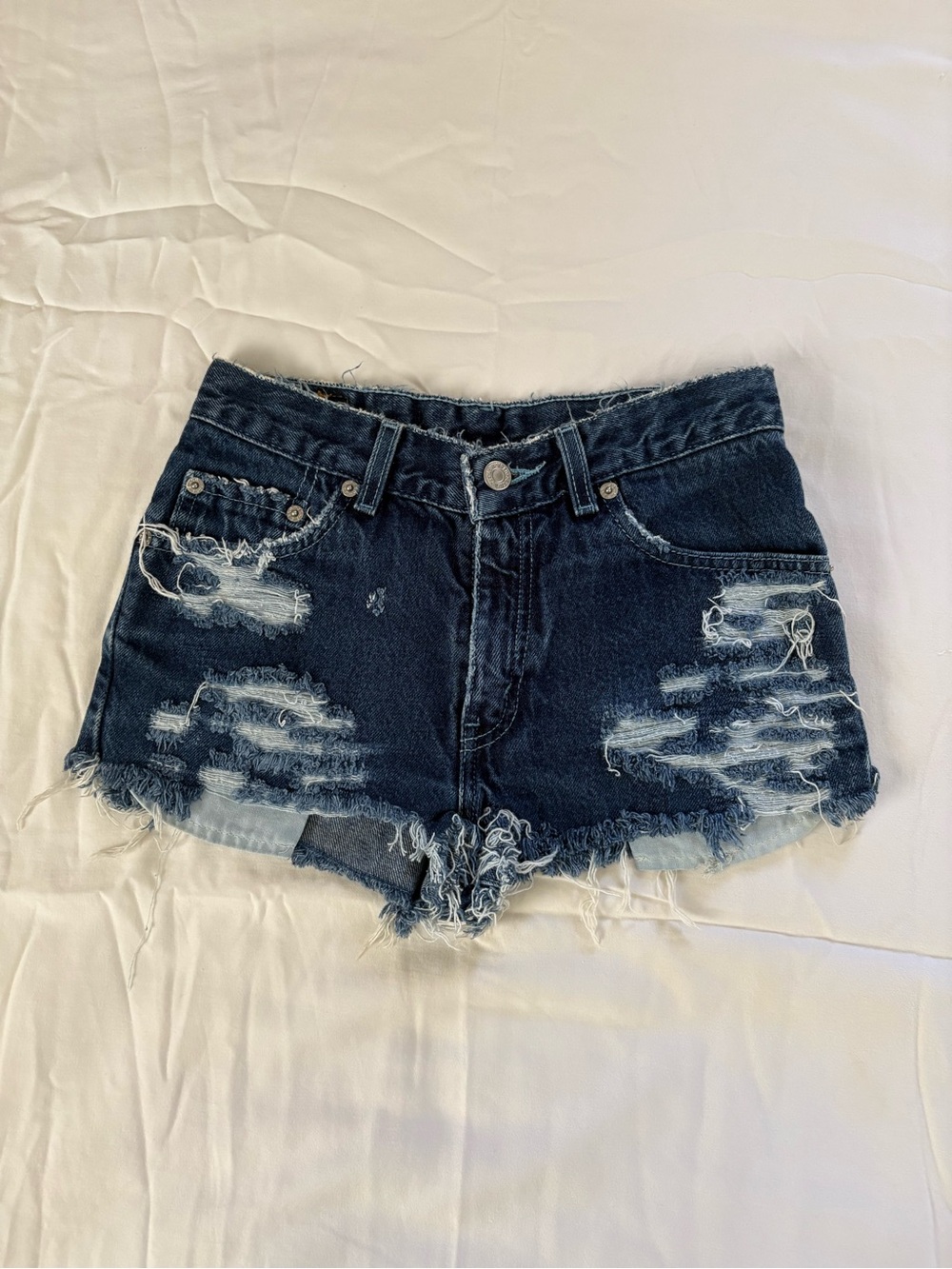 Levi's Dark Blue Distressed Denim Cutoff Shorts